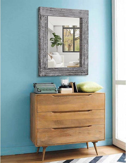 Rustic Wall Mirror Farmhouse, with Frame Wood Wall Mirror Rectangle Antique Decor Hanging Mirror for Bathroom Living Room Bedroom Entryway Large 20"x16"