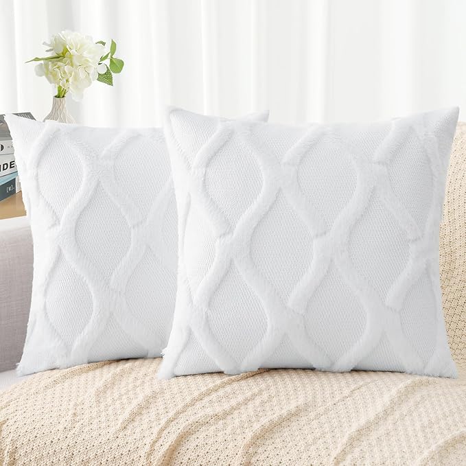 decorUhome Throw Pillow Covers 24x24 Inch Set of 2, Soft Plush Faux Fur Wool Pure White Couch Pillow Covers, Decorative Neutral Pillow Cases for Bed Sofa Living Room Home Decor