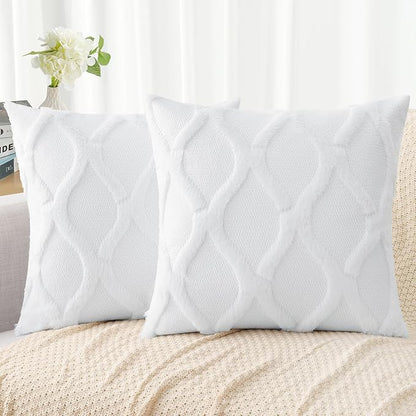 decorUhome Throw Pillow Covers 16x16 Inch Set of 2, Soft Plush Faux Fur Wool Pure White Couch Pillow Covers, Decorative Neutral Pillow Cases for Bed Sofa Living Room Home Decor