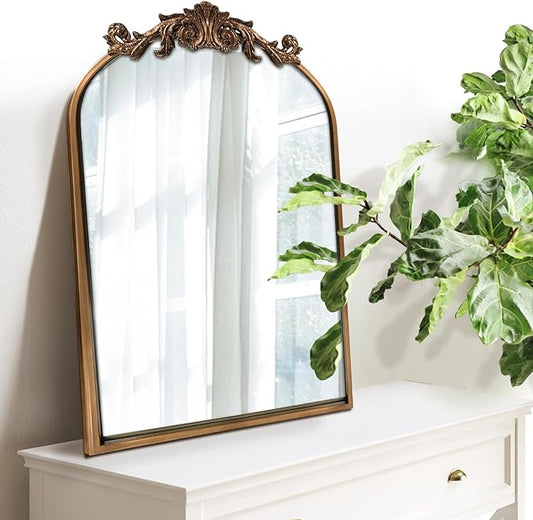 WAMIRRO Antique Mirror,Gold Traditional Vintage Ornate Baroque Arched Brass Wall Mounted Mirrors for Entryway/Fireplace/Living Room/Hallway/Bathroom 19"X27"