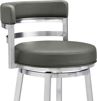 Armen Living Madrid 30" Bar Height Swivel Modern Grey Faux Leather and Brushed Stainless Steel Bar Stool for Kitchen Island Counter