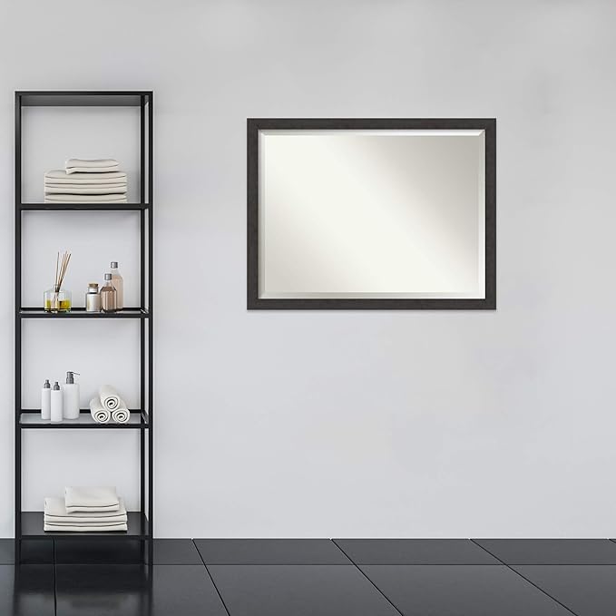 Amanti Art Brown Bathroom Mirror for Over Sink, 34x44 Rustic Plank Espresso Narrow Rectangle Vanity Mirror, X-Large Rustic Farmhouse Frame, Hangs Horizonally and Vertically, Bathroom Wall Decor