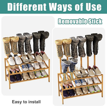Boot Rack with Shoe Rack, Boot Rack Organizer Tall Boots for Closet, Bamboo Wood Shoe Shelf Storage Organizer for Entryway Small Space