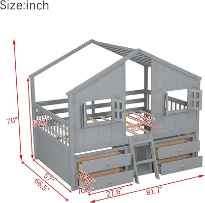 KEIKI Full Size Wooden House-Shaped Loft Bed with Roof, Windows, 4 Storage Drawers, Guardrail, Ladder, for Boys and Girls, Loft Bed with Slats, Easy Assembly, No Box Spring Required, for Bedroom, Grey