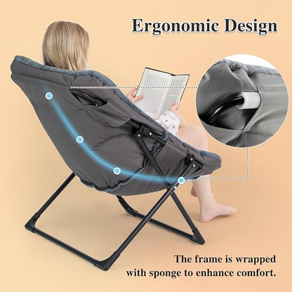 Comfy Saucer Chair for Adults, Soft Faux Fur Bedroom Chair with Ottoman, Accent Dorm Chairs, Living Room Reading Chairs and Footstool, Folding Lounge Seat for Teens, X-Large, Navy Blue