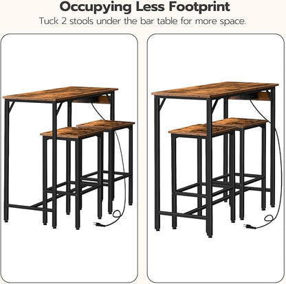 HOOBRO Bar Table and Chairs Set, 39.4" Dining Table Set with Power Outlet, 3-Piece Pub Table Set, Kitchen Bar Height Table with Stools of 2, Space Saving for Living Room, Rustic Brown BF45UBT01