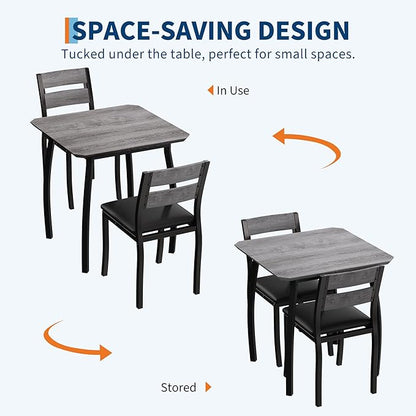 Small Dining Table Set for 2,3-Piece Kitchen Table Set with Thick Wood Grain Tabletop & 2 Upholstered Chairs & Metal Frame, Compact Table Set for Small Spaces, Kitchens & Dining Rooms (Grey)