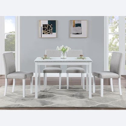 KEIKI 5-Piece Standard Height Dining Table Set with Rectangular Table and 4 Upholstered Chair, for 4 Person, Modern Crystal Decoration Wooden Table Set, Easy Assembly, for Kitchen, Dining Room, White