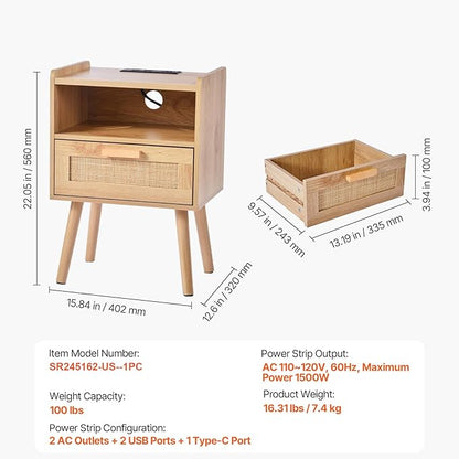 VEVOR Rattan Nightstand, Boho Bedside Table with Drawer Open Shelf, End Table Wooden Nightstand with Solid Wood Legs, Rattan Side Table with Charging Station, for Bedroom
