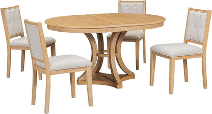 Ball & Cast Retro Dining Table Set for 4 with 4 Upholstered Chairs,5-Piece Wooden Living Room Furniture W/ 42" Round Extendable Kitchen Desk,for Small Space,Apartment,Dining Room,Natural