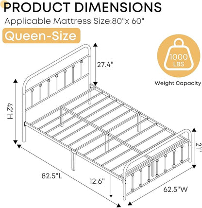 Queen Bed Frame-Classic Metal Platform Bed Frame Mattress Foundation with Victorian Style Iron-Art Headboard/Footboard/Storage Space/No Box Spring Needed/Black