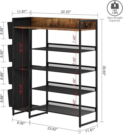 Brown 5-Tier Shoe Organizer - Free Standing Shoe Rack with Storage Bag for High Heels, Entryway, Hallways, Closets, Dormitory Rooms