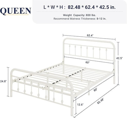 Allewie 14 Inches Queen Size Metal Platform Bed Frame with Victorian Style Iron-Art Headboard/Footboard, Mattress Foundation, Easy Assembly, Under Bed Storage, No Box Spring Required, Off White