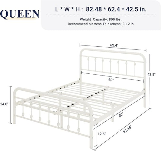 Allewie 14 Inches Queen Size Metal Platform Bed Frame with Victorian Style Iron-Art Headboard/Footboard, Mattress Foundation, Easy Assembly, Under Bed Storage, No Box Spring Required, Off White