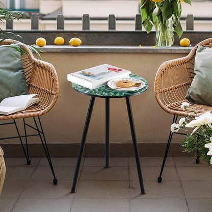 2 Packs Metal Leaf Round Side Tables 13.4" Small Outdoor Patio Round Accent Coffee Tables Indoor Corner Stand for Small Spaces Weather-Resistant for Balcony, Porch Plant Stands Indoor