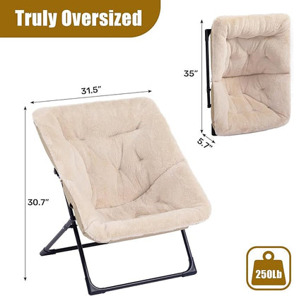 HollyHOME X-Large Saucer Chair, Comfy Oversized Folding Chair, Faux-Fur Reading Chair for Teens, Adults, Foldable Accent Lazy Chair, Metal Lounge Chair for Living Room, Bedroom, Dorm, Light Khaki
