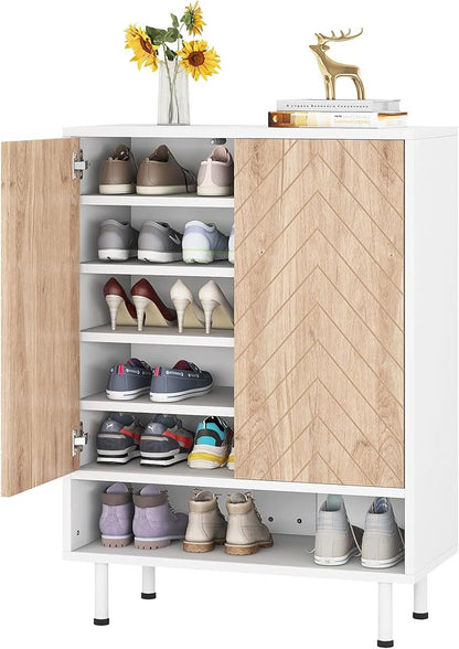 Tribesigns Shoe Cabinet, 18 Pair Rack Organizer Cabinet with Door, 6-Tier Modern Storage Shelves for Entryway Hallway Closet, White and Brown