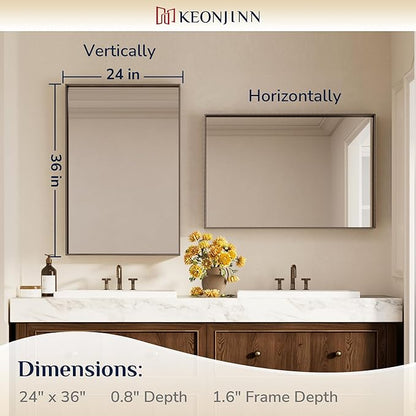 Keonjinn 24 x 36 in Brushed Bronze Bathroom Mirror, Rectangular Metal Frame Farmhouse Wall Mirror, Modern Rectangle Mirrors with Aluminum Alloy Framed for Over Sink(Horizontal/Vertical)