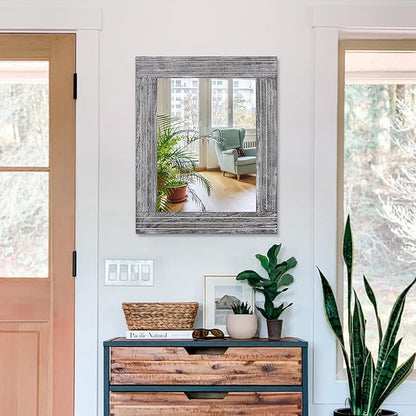 Rustic Wall Mirror Farmhouse, with Frame Wood Wall Mirror Rectangle Antique Decor Hanging Mirror for Bathroom Living Room Bedroom Entryway Large 20"x16"