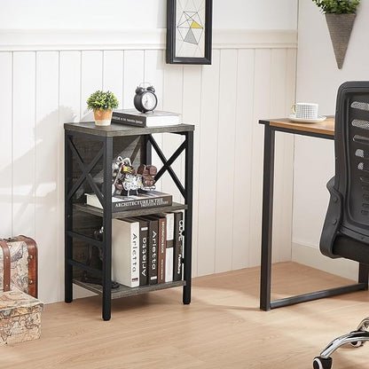 Small Bookcase,3 Tier Industrial Bookshelf with Metal Frame and Backboard,Low Grey Book Shelf,Book case for Small Spaces,Living Room,Bedroom and Home Office