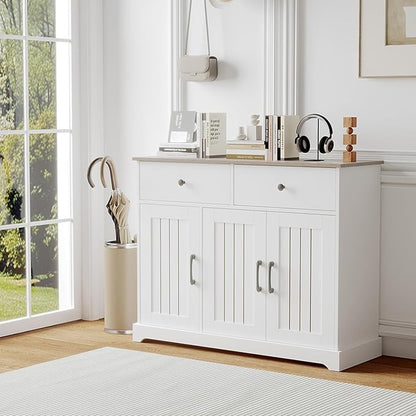 Farmhouse Large Buffet Sideboard Storage Cabinet 42 Inch with Adjustable Shelf, Drawers, and Sliding Barn Doors, Wooden Coffee Bar Kitchen Table for Entryway, Dining Room, and Living Room