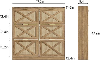 Maupvit Large Shoe Storage Cabinet with 6 Rattan Flip Drawers, Freestanding Organizer with Metal Legs for Entryway, Narrow Shoe Rack Cabinet, Hidden Golden Handles, Rustic Oak Rattan