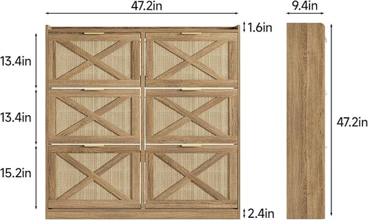 Maupvit Large Shoe Storage Cabinet with 6 Rattan Flip Drawers, Freestanding Organizer with Metal Legs for Entryway, Narrow Shoe Rack Cabinet, Hidden Golden Handles, Rustic Oak Rattan