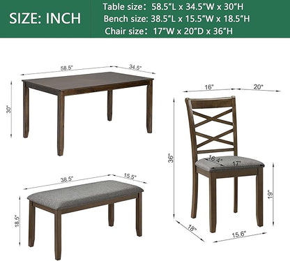 soges 6 Piece Kitchen Dining Set, Rectangular Wooden Dining Table with 4 Upholstered Chairs and a Bench, Morden Dining Table Set for 6 People, Living Room, Home Bar and Kitchen, Walnut