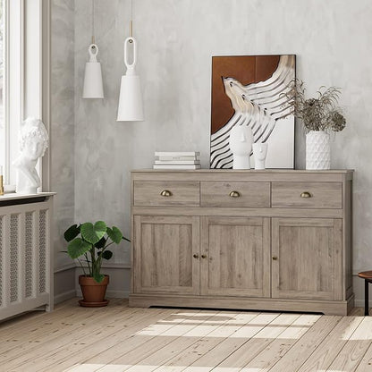 Keyluv Buffet Storage Cabinet, Sideboard Farmhouse Server Bar Wine Cabinet with 3 Drawers & 3 Doors Adjustable Shelves Console Table for Kitchen, Dining Living Room Cupboard, Grey Wash