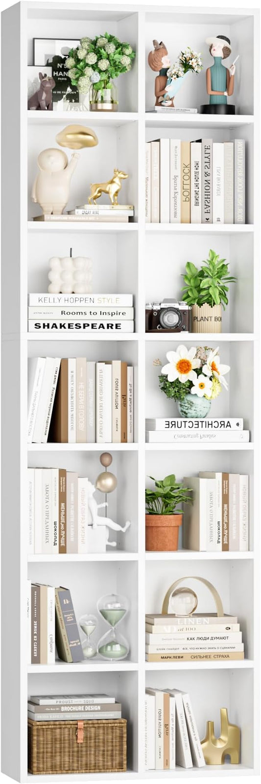 FOTOSOK 71'' White Bookshelf, Double Wide Media Tower Rack CD DVD Rack Display Cabinet with Adjustable Shelves, Tall Narrow Bookcase Bookshelf for Home Office, White
