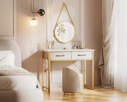 Casaottima 32 Inch Small Dressing Vanity Desk with 2 Drawers & Headphone Hook, Makeup Vanity Desk for Bedroom Without Mirror,Modern Space-Saving Design for Small Spaces White-Gold