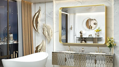 TokeShimi 48x40 Inch Brushed Gold Bathroom Vanity Mirror for Wall with Non-Rusting Aluminum Alloy Metal Frame Rounded Corner for Farmhouse Modern Home Decor (Horizontal/Vertical)