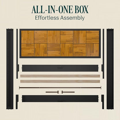 Bme Madia King Size Bed Frame and Headboard, Sophisticated Mid-Century Style with Fluted Pattern, 800lbs Weight Support, Crafted from Durable Acacia Wood Slats, Simple Assembly, Sleek Black Finish