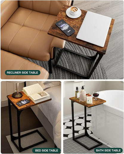C-Shaped Side Table for Couch - Small Coffee Stand Sofa Tray Desk with Metal Frame and Waterproof Scratch Resistant, Modern End Accent for Living Room, Bedroom, Small Spaces, Rustic Brown