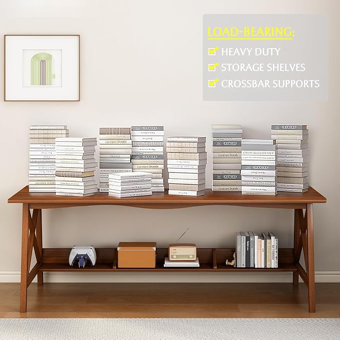 Extra Long Desk with Bookshelf - Wooden Home Office Work Study Table, 2-Person Writing Computer Workstation with Storage Shelf in Oak, 71" Wx24 Dx30 H