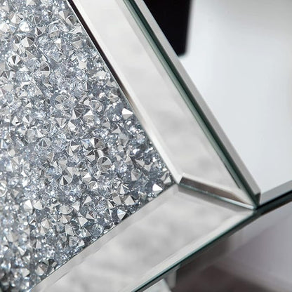 SHYFOY Mirrored End Table, Mirror Accent Side Table with Crushed Crystal Diamond, Finished Small Coffee Table, Glass Bedside Lamp Table, Silver Modern Style Decor for Living Room, Balcony, Bedroom