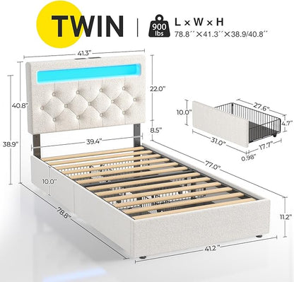 Rolanstar Twin Bed Frame with 4 Storage Drawers and Charging Station,Twin Bed with Led Lights, 2 USB & 1 Type C, Adjustable Headboard 38.9/40.8 Inches, No Box Spring Needed, White