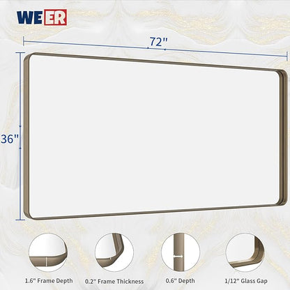 WEER 72x36 Inch Bronze Bathroom Mirror for Vanity, Brushed Bronze Metal Frame Mirror for Wall, Rounded Rectangle Bronze Frame Mirror with Tempered Glass, Anti-Rust (Horizontal/Vertical)