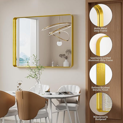 Koonmi Gold Wall Mirror for Bathroom, 30x48 Inch Matte Deep Framed Rounded Rectangle Vanity Mirror for Farmhouse Living Room, Tempered Glass, Anti-Rust, Vertically or Horizontally