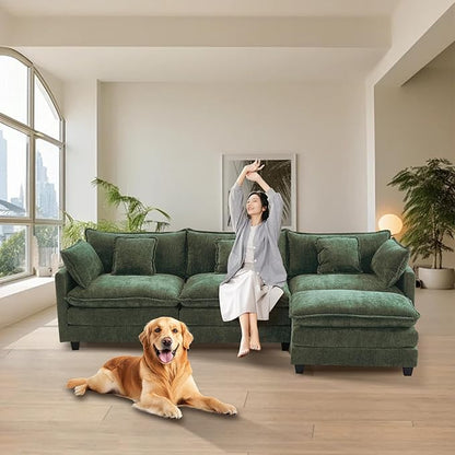 Furniliving 112‘’ L-Shaped Sofa, Luxury Chenille Modular Sectional Couches with Ottoman, Upholstered Deep Seat Sleeper Sofa with Memory Foam and Waist Pillows, Green