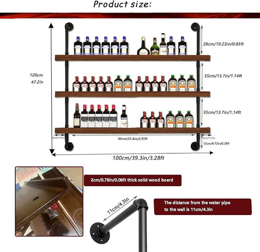 Large Wine Rack with LED Light Solid Wood Wall Mounted Wine Rack, 3-Tiers Liquor Bottles Floating Shelves Display Storage Organizer for Home Bar & Dining Room (80cm/31.4in)