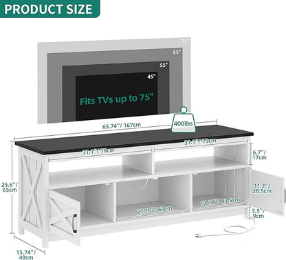 YITAHOME Farmhouse TV Stand for 65/75 Inch Television, LED Entertainment Center Television Stand with Power Outlets and Open Shelf, Media Console TV Cabinet for Living Room, White/Black