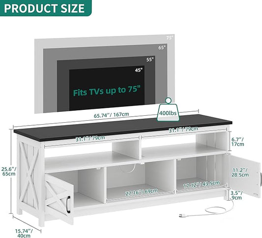 YITAHOME Farmhouse TV Stand for 65/75 Inch Television, LED Entertainment Center Television Stand with Power Outlets and Open Shelf, Media Console TV Cabinet for Living Room, White/Black
