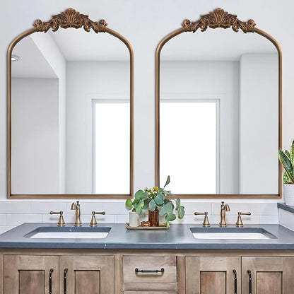 Antique Gold Arched Baroque Mirror 24x36 - Brass Finish Metal Frame, Intricately Carved Vertical Wall Mirror for Entryway, Living Room, Bathroom Vanity & Dining Room