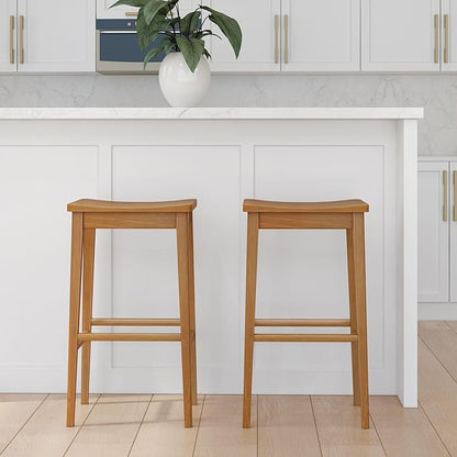Plank+Beam Smythe Bar Stool, Set of 2, 30", Sturdy Wood Modern Kitchen Bar Height Stool, Saddle Seat Backless Bar Chair, Metal Footrest, Pecan