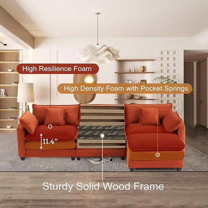 Furniliving 117‘’ L-Shaped Sofa, Luxury Corduroy Modular Sectional Couches with Ottoman, Upholstered Deep Seat Sleeper Sofa with Memory Foam and Waist Pillows, Orange