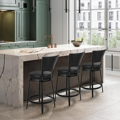 Bar Stools, 25 Inch Metal Counter Height Barstools Set of 2, Faux Leather Round 360° Swivel Bar Chairs with Backrest, Modern Swivel Bar Stool for Kitchen Island, Black
