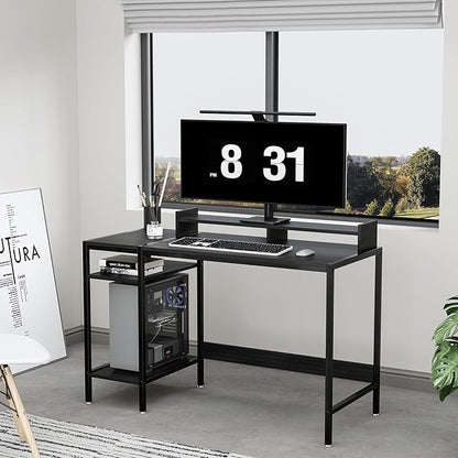 Computer Gaming Desk with Monitor Stand, Home Office Desk Suitable for 2 Monitors, Writing Desk with Adjustable Storage Space,Sturdy and Durable Modern Small Desk (Black, 47 inchs)