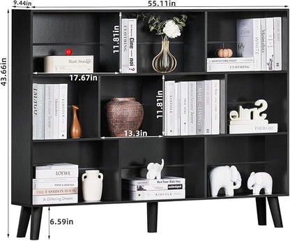 YAHARBO 10 Cube Large Bookshelf,3 Tier Bookcase with Legs,Black Mid-Century Modern Bookshelves,Wide Free Standing Open Storage Organizer Shelf,Tall Wooden Book Case Furniture for Living Room,Office