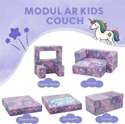 MeMoreCool Unicorn Modular Kids Couch, Glow Rainbow Play Toddler Couch for Bedroom, Convertible Foam Kids Sofa Bed, Fold Out Baby Sofa for Girl Boy, Purple